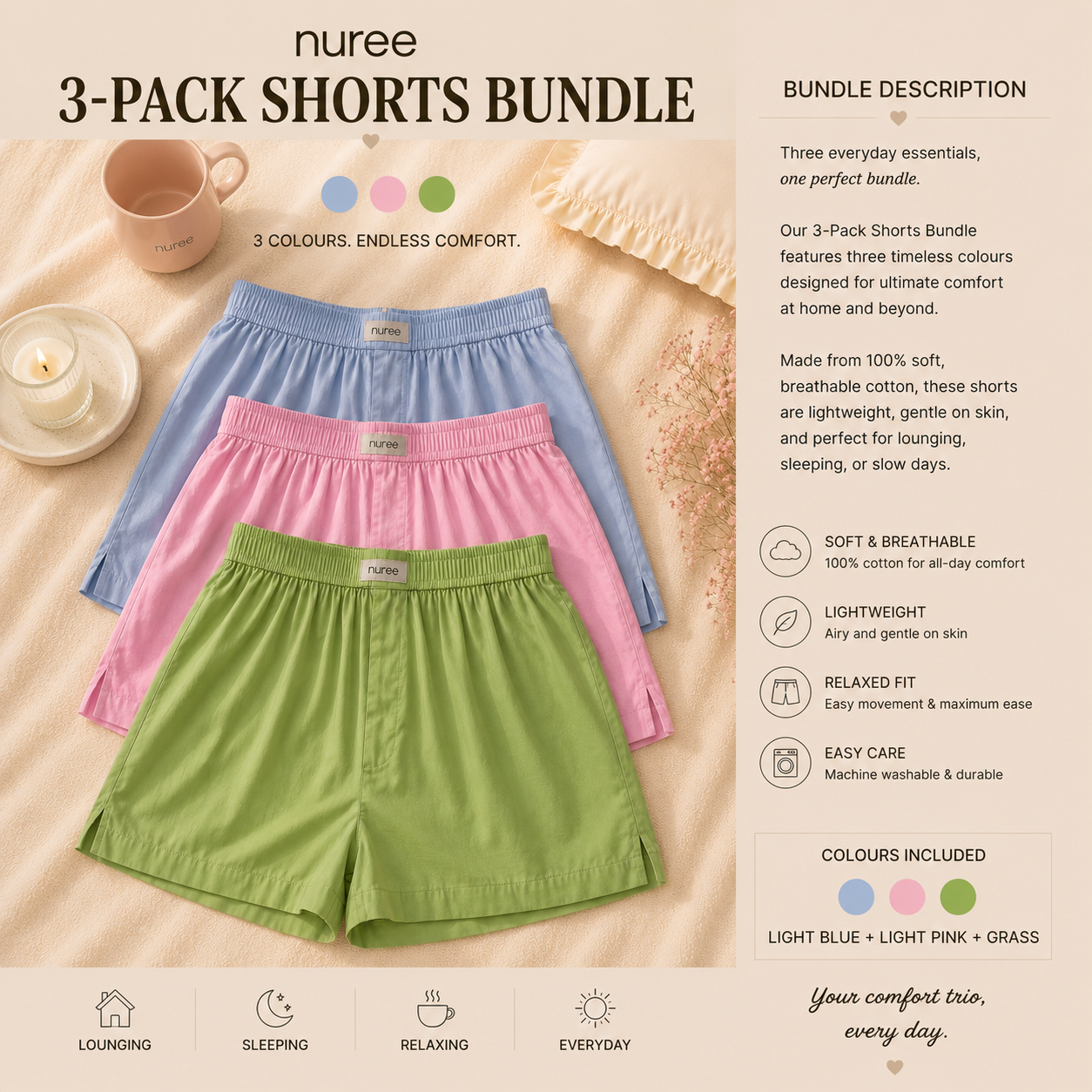 Sky, Baby Pink And Grass - Pack Of Three
