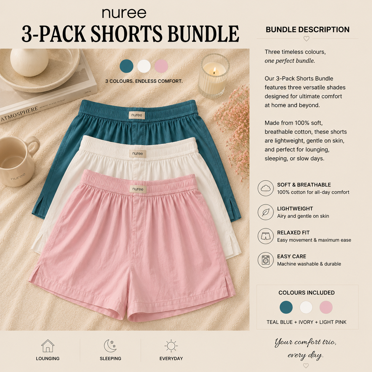 Teal, Ivory And Baby Pink - Pack Of Three